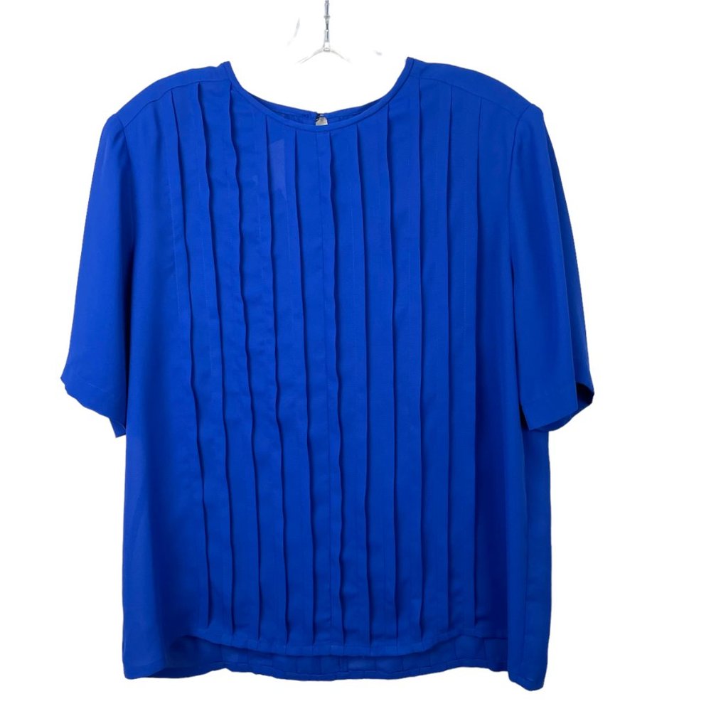 Vintage JORDAN Womans 12 Royal Blue Pleated Front Half Sleeve Button Back Blouse